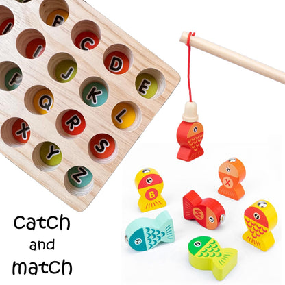 Haktoys Wooden Fishing Alphabet Game Magnetic Learning Toy with Ocean Sticker Book, ABC Toy with 26 Lettered Fish & 2 Poles, Educational Travel Game for Toddlers Preschool Kids