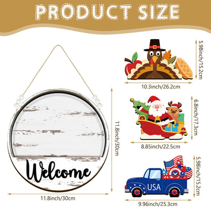 Sintuff 16 Pcs 12 Inch Interchangeable Welcome Sign for Front Door Wood Seasonal Magnetic Icon Holiday Wreath Decor Rustic Hanging Sign for Patriotic Summer Home Warming Gift(Black Word, White Back)