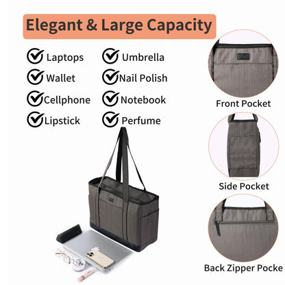 Monanller Fashion Teacher Tote Bag, Large Utility Work Bag with Laptop Compartment for Women & Men, Carry Bag with Several Inner & Outer Pockets-Grey