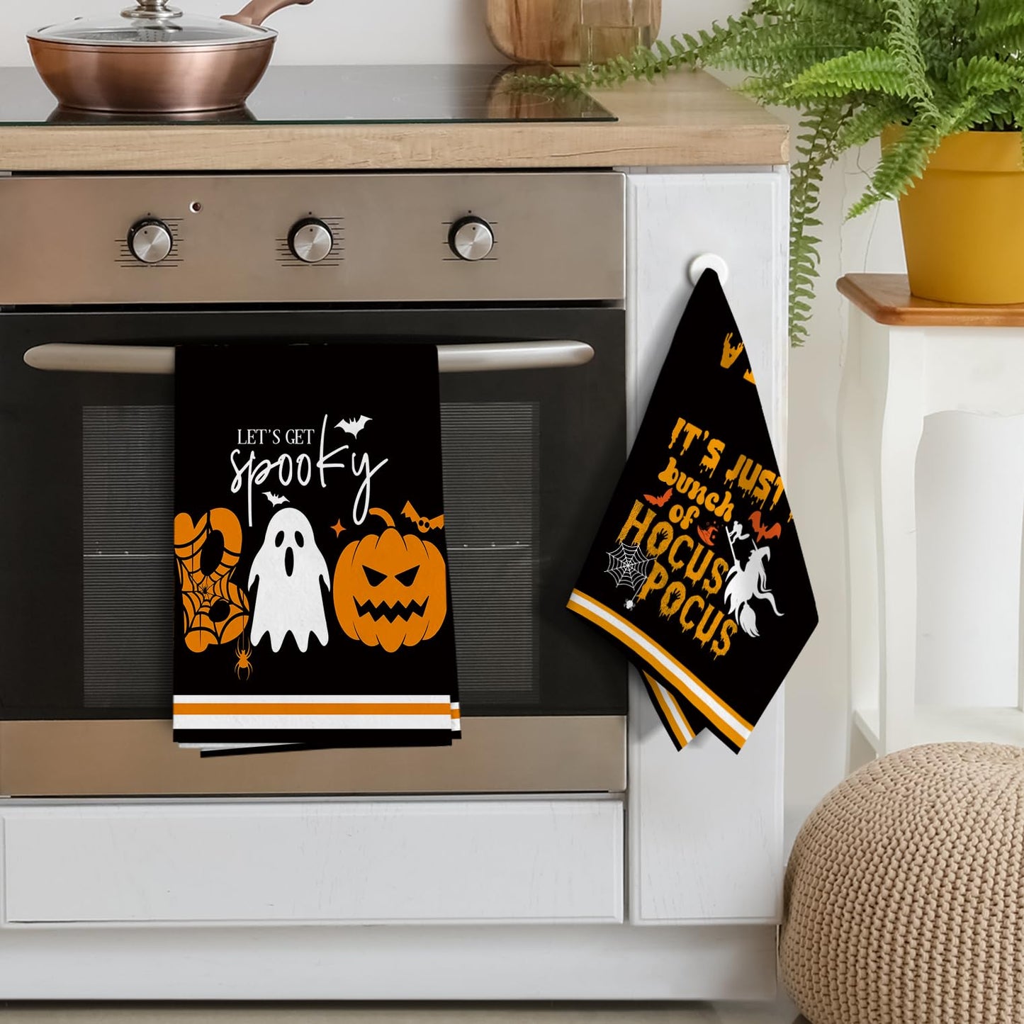 Pintukee Halloween Kitchen Dish Towels Set of 4, Absorbent Spooky Ghost Boo Pumpkin Hand Towels Funny Halloween Kitchen Drying Dishcloth for Home Party Decor Housewarming Gift 16x24 Inch