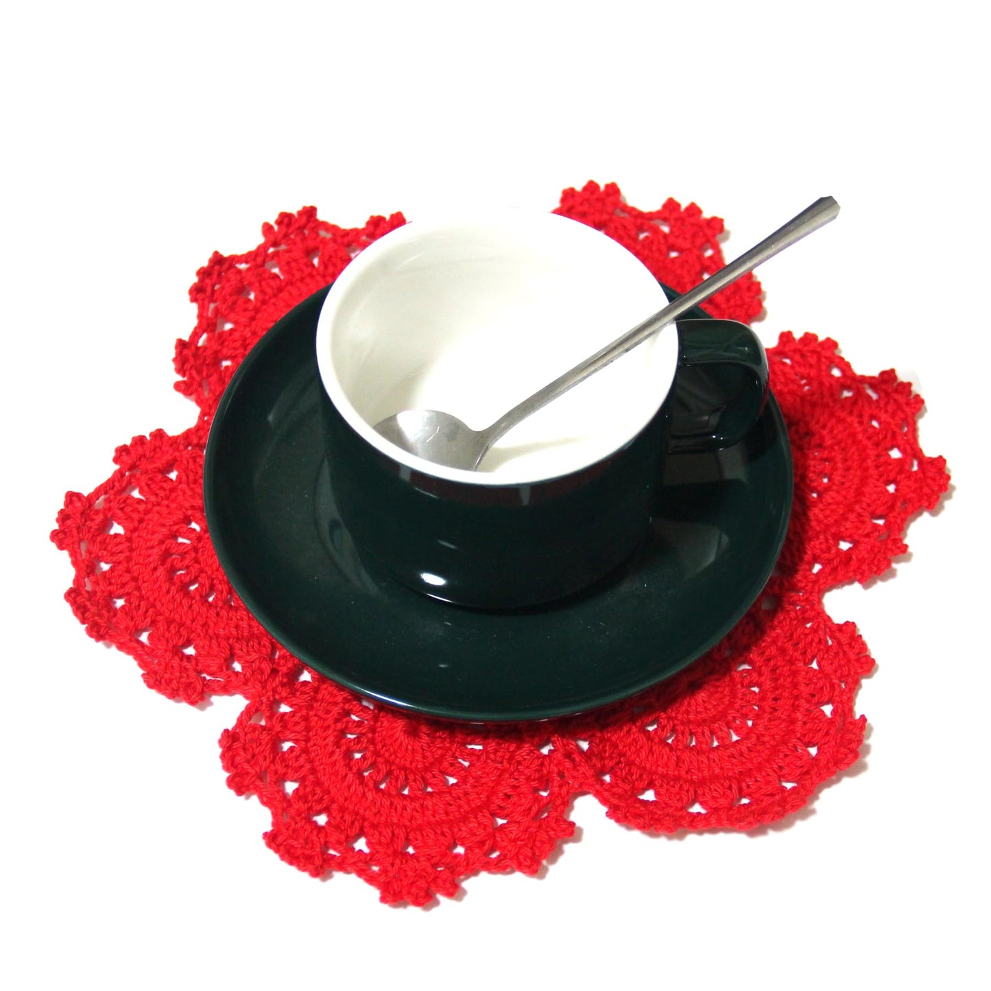 BIBITIME 2PCS Handmade Crochet Placemats 9.8 inches to 10 inches Round Spliced Sunflower Lace Table Doilies Cup Mats Coasters Easter Mother's Day,Red