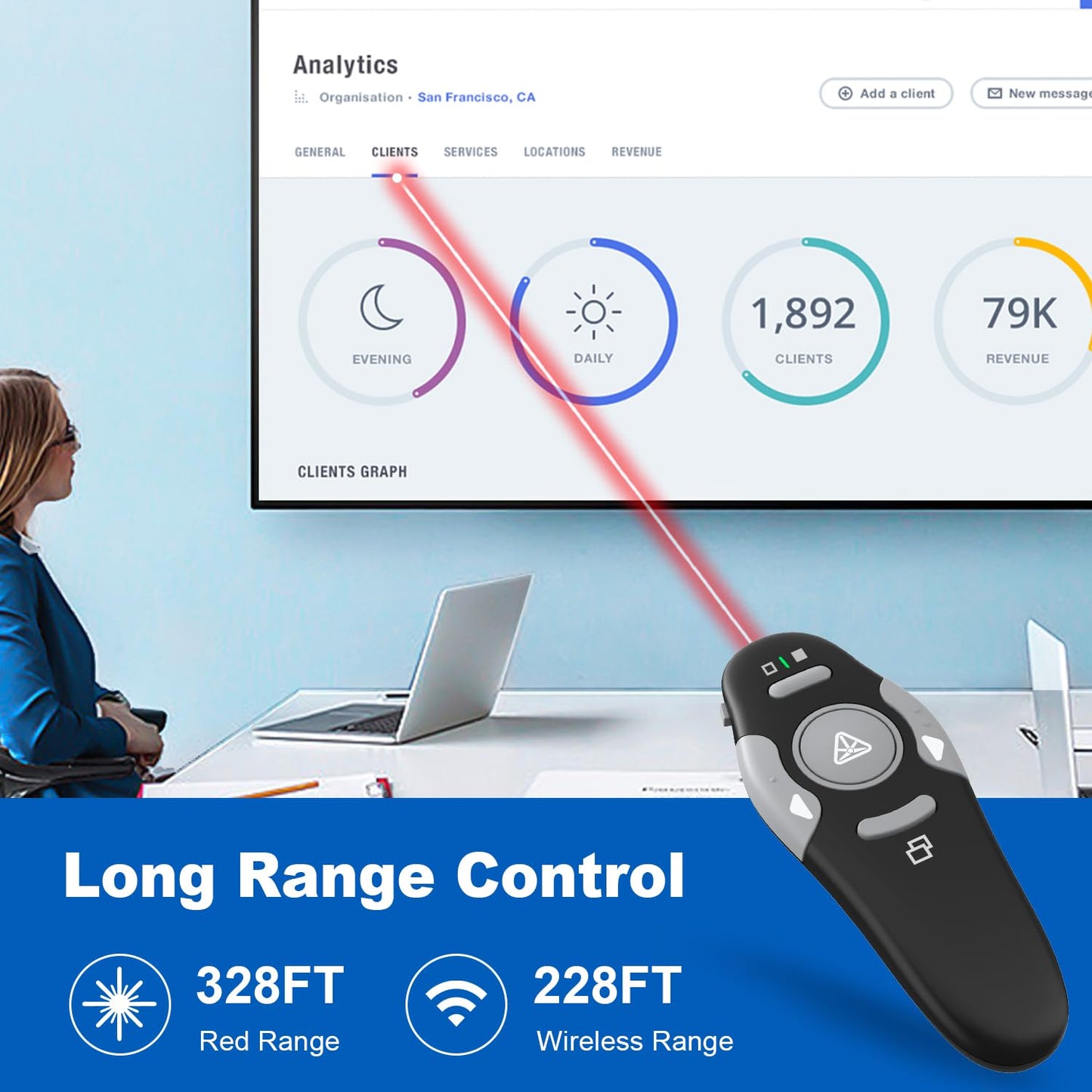 QUI 2 Pack Presentation Clicker, Wireless Presenter Remote Clicker for PowerPoint, Slide Advancer for Mac, Windows, Google Slide, Keynote (USB, Black Blue)