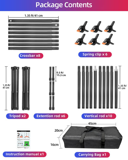 YAYOYA Backdrop Stand 10 x 8 Ft (WxH), Adjustable Photography Background Stand Support Kit with 6 Clamps & Carrying Bag for Photo Studio, Party, Wedding, Decoration, Projector Screen