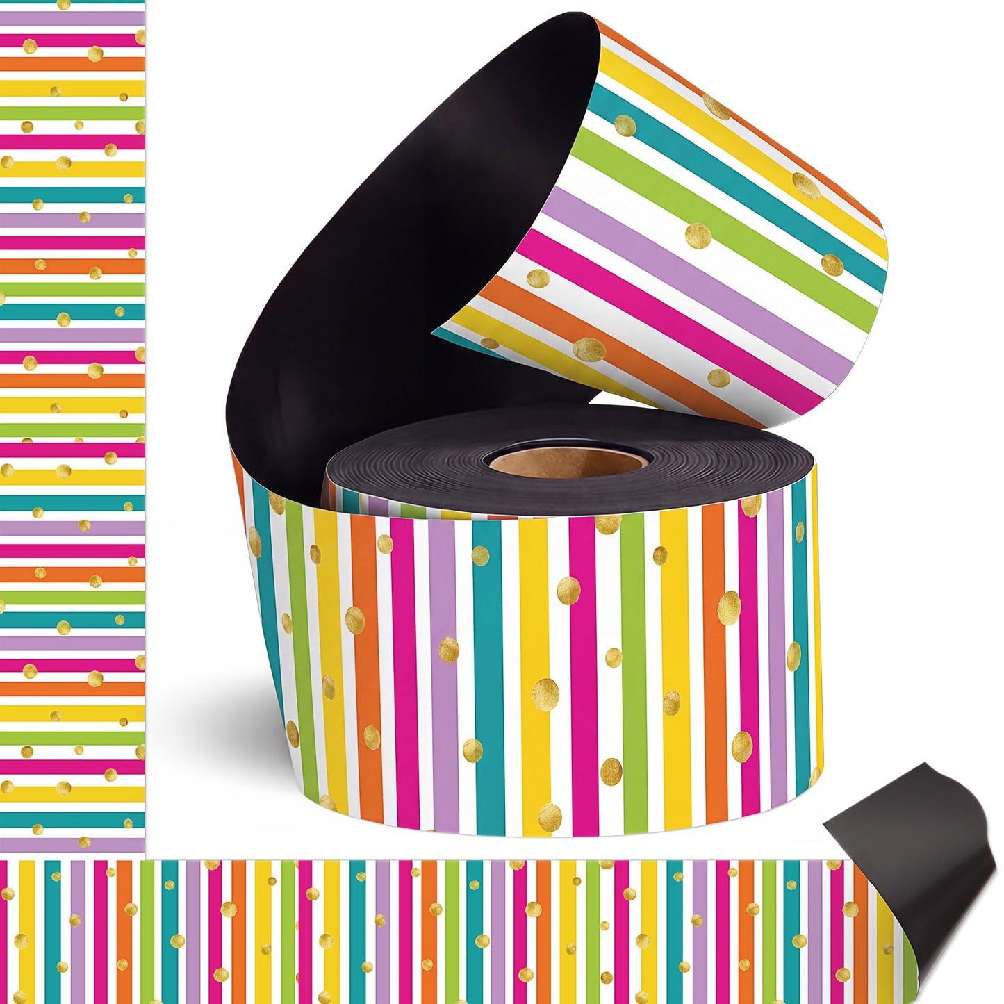 Tenceur 48 ft x 2.76 Inch Magnetic Borders for Whiteboard Decoration, Rainbow Polka Dot Stripes Magnetic Bulletin Board Border Set for Summer Classroom Office Chalkboard Poster Board Decor