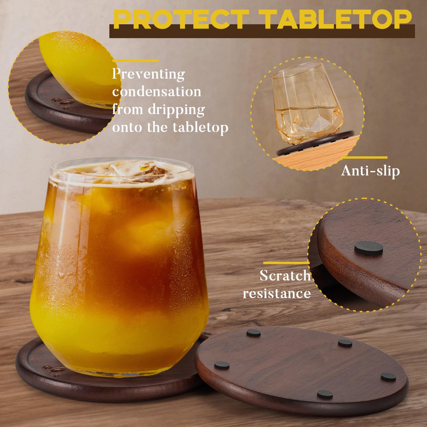 Wood Coasters with Leather Holder, GOH DODD Set of 8 Walnut Wooden Coaster Tabletop Protection for Drinks Coffee Table Home Kitchen Office Living Room Decor Housewarming Gifts Wedding Party, 4 Inch