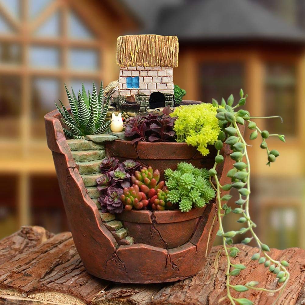 Gonetre Plants Potted Flower Pots Sweet House Fairy Garden Planter for Home Decor Office Garden Decoration Material Synthetic Size 10 X 12cm (Brown)