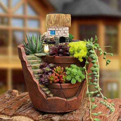 Gonetre Plants Potted Flower Pots Sweet House Fairy Garden Planter for Home Decor Office Garden Decoration Material Synthetic Size 10 X 12cm (Brown)