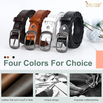 JASGOOD Women Hollow Flower Leather Belt for Jeans Pants Soft Leather Belt with Solid Pin Buckle(Coffee, Fit Waist Size 29-32 Inches)