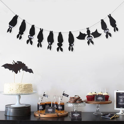 Felt Bat Garland - Halloween Black Bat Banner, Gothic Party Decor, Hanging Bat Mantel Bunting, Spooky Garland for Fireplace Mantle Walls
