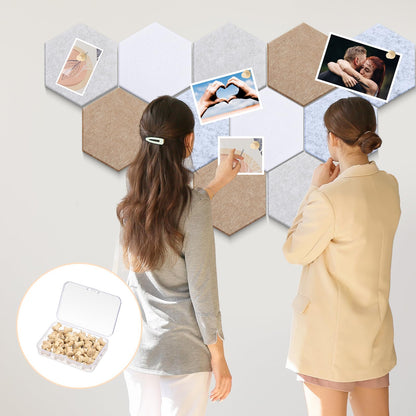 Mindsoft 16 Pcs Hexagon Cork Board for Walls with 50 Wooden Push Pins 6.7 x 5.9 in Felt DIY Tiles Notice with Nano Tape Hanging Bulletin Board for Home Photo Office Memo Note(Light Camel)