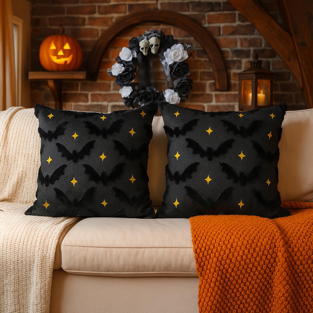 QIONG MENG Halloween Pillow Covers 18x18 Inch Set of 2 Black Bat Halloween Throw Pillow Covers Holiday Farmhouse Pillowcase Couch Cushion Case for Indoor Outdoor Home Sofa Decor