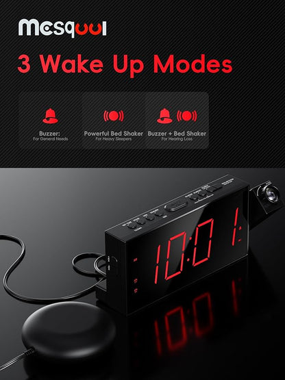 Mesqool Projection Alarm Clock with Bed Shaker, 7" LED Display, 180° Projector, 5-Level Dimmer, USB Phone Charger, Battery Backup, Loud Vibrating Alarm Clock for Heavy Sleepers, Snooze, DST