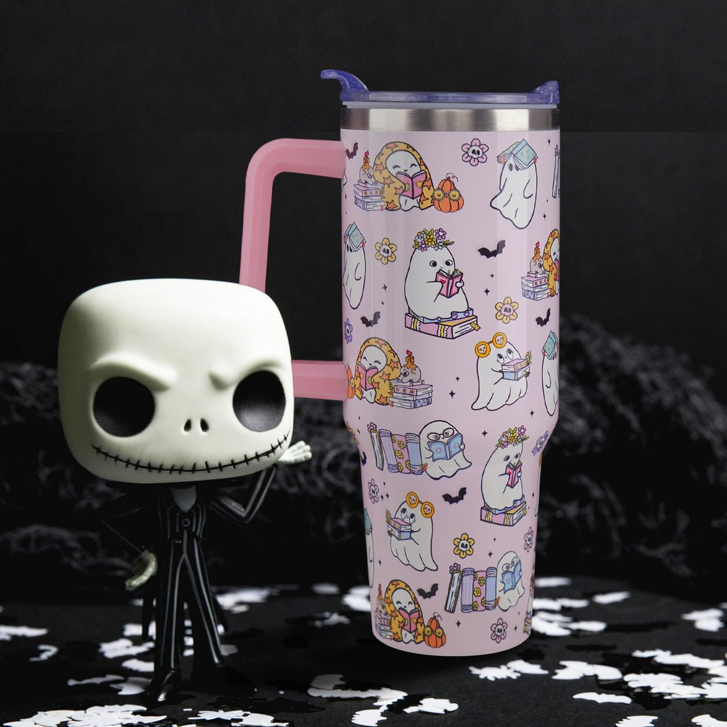 ZNYYZYBA 40 oz Halloween Tumbler with Lid and Straw, Stainless Steel Insulated Ghost Reading Book Tumbler 40 oz, Reusable Ghost Cup with Leak Proof Lid, Halloween Gifts for Women