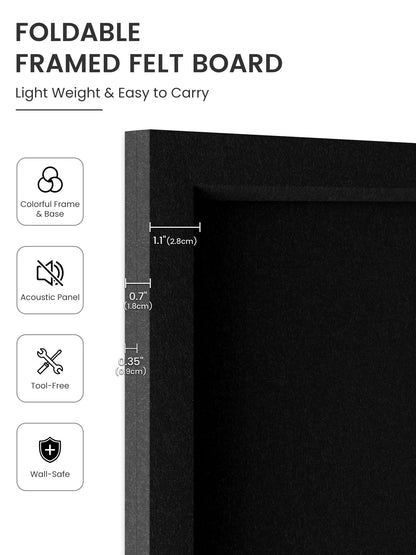 Fluxynara Foldable Cork Board Alternative, Felt Bulletin Board 35.4" x 23.6" Black Frame with 24 Adhesive Tabs, Pin Board for Home Office, Classroom, Entryway, Kitchen Wall Decor—Black