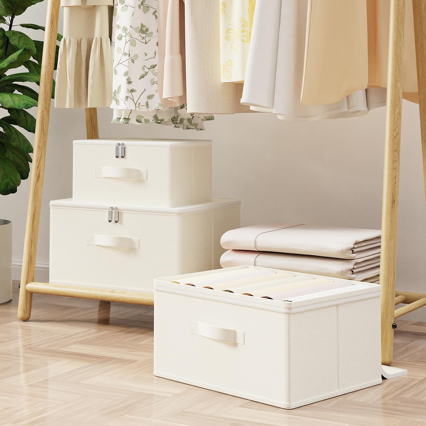 GUOHNHE Storage Bins with Zipper, Cube Organizer Basket with Lid, Collapsible Stackable Closet Boxes, for Home and Bedroom, 1 Pack, Beige, 11.8 x 7.9 x 6.3 In, XSNY16BES-1