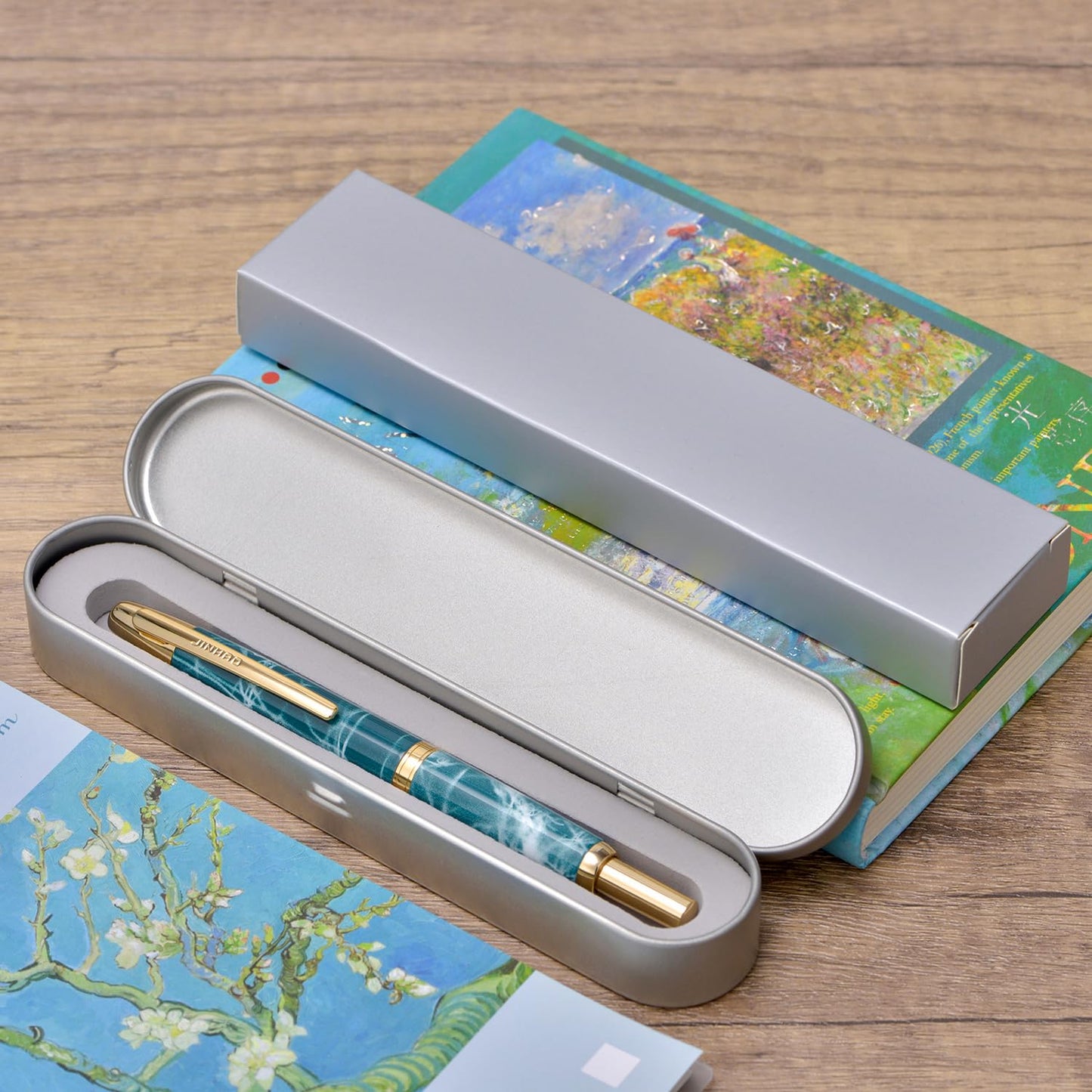Jinhao 10 Press Fountain Pen with Box, Marble Blue Retractable Extra Fine Nib with Ink Converter Set (Golden Clip)
