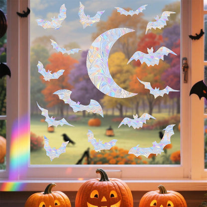 Moon Bat Window Clings Halloween Static Cling for Glass Windows Vinyl Bat Window Decals Halloween Moon Bats Windows Stickers Anti Collision Windows Decals for Bird Strikes Rainbow Stickers
