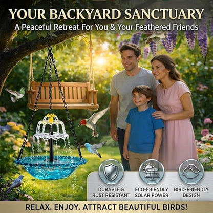 Solar Cascade Hanging Bird Bath Fountain, Solar Powered Hanging Bird Bath with Glass Bowl, Outdoor Hanging Birdbath Water Fountain for Hummingbirds, Garden Patio Yard Decor, Blue (red)