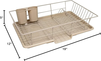 Sweet Home Collection Metal, Plasic 3 Piece Dish Drainer Rack Set with Drying Board and Utensil Holder, 17" x 12" x 5", Beige