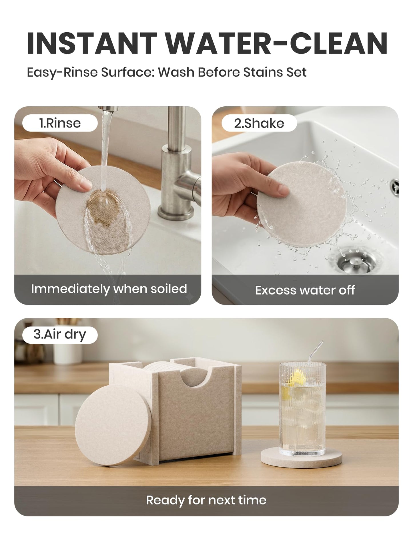 Fluxynara Felt Coasters for Drinks, Set of 8 Absorbent Coasters with Holder, Heat-Resistant & Reusable Round Design for Coffee Table & Living Room, 3.94 Inch, Oatmeal