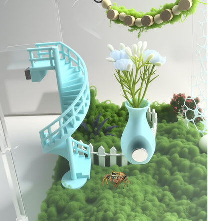 Okueejur 4pc Jumping Spider Enclosure Accessories Set – Fun Spinning Stairs and Vase with Flower,Spiders Net, Climbing Set with Magnetic Mount for Jumping Spider Enclosure Accessory Decoration (Blue)