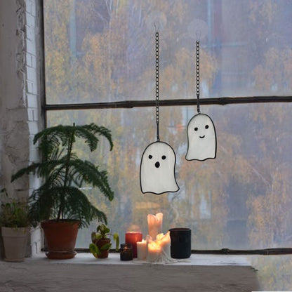 BOXCASA Ghosts Stained Glass Window Hangings,Funny Ghosts Stained Glass Suncatcher Gifts for Girls Boys Women Kids, Cute Ghosts Decor Halloween Ornament for Window,Set of 2