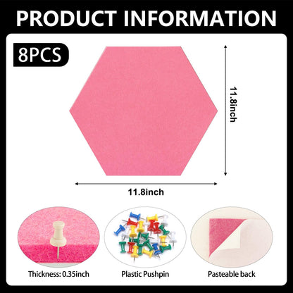 8 Packs Pink Hexagon Felt Pin Board, 12" Bulletin Board with 30 Push Pins, Felt Board for Home Kitchen Office Decor, Self-Adhesive Corkboard Tiles for Walls Classroom Message Photos Memos Display