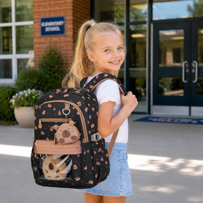 Similove Capybara Theme Backpack for School Girls, 35PCS Kids Backpack Set with School Supplies Stationery Kit Lunch Box Pencil Case, Cute Girls Bookbag for Kindergarten Elementary Student