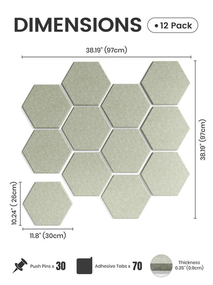 Fluxynara Hexagon Cork Board Alternative for Walls Decor-12-Pack Felt Bulletin Board Tiles,with 30 Pushpins,70 Adhesive Tabs for Office,Classrooms & Home Pin Board Felt Board-Sage