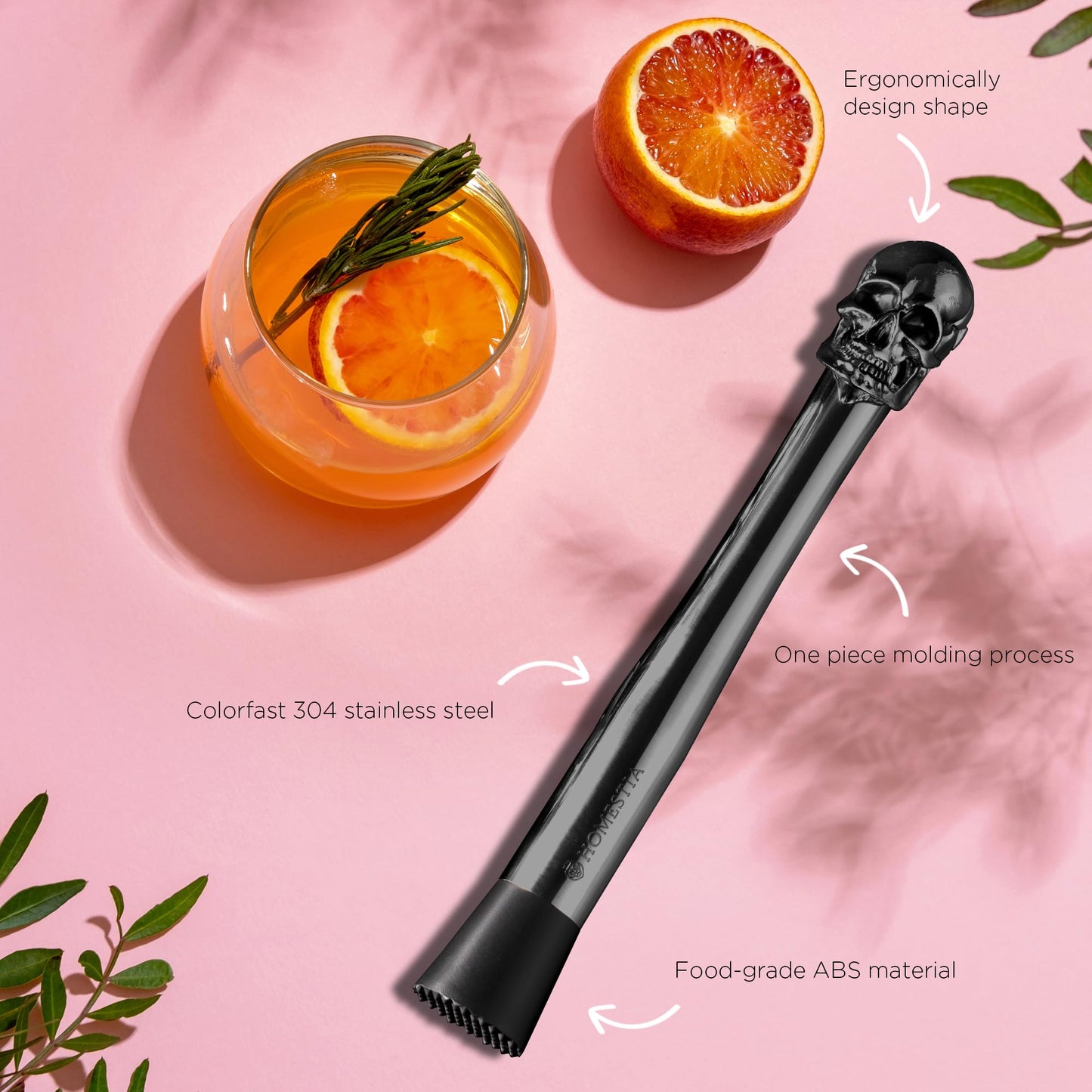 Homestia Black Skull Cocktail Muddler Set, Stainless Steel Bartender Tool Kit with Skull Muddler, Bar Spoon & Pick, Halloween Gothic Barware Gift Box & Cocktail Guide Set of 4