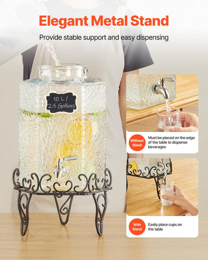 VEVOR Beverage Dispenser, 2.5 Gallon Drink Dispensers for Parties, Glass Juice Dispenser with Metal Stand, Stainless Steel Spigot, Iced Tea Lemonade Juice Water Dispensers for Parties