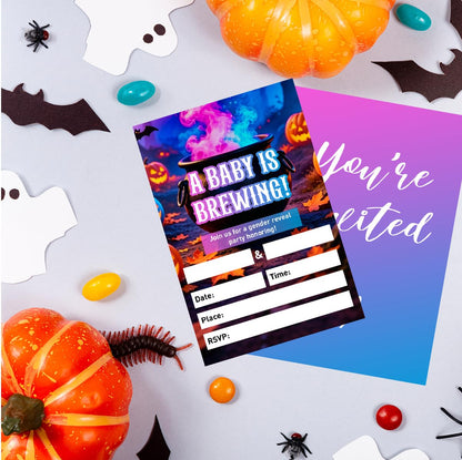 Halloween Gender Reveal Invitation Set of 20, 4"x6" Witch Theme Invites