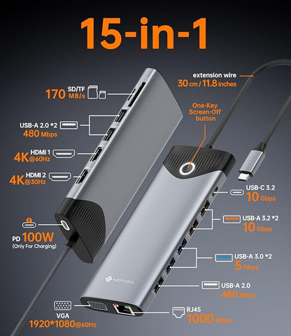 NOVOO 10Gbps USB-C Docking Station, 15-in-1 Dual/Triple 4K 60Hz HDMI & VGA, 100W PD Charging, 7USB-A+1USB-C, Gigabit Ethernet, SD/TF, Audio, Multiport Dock for MacBook HP Dell Lenovo Surface