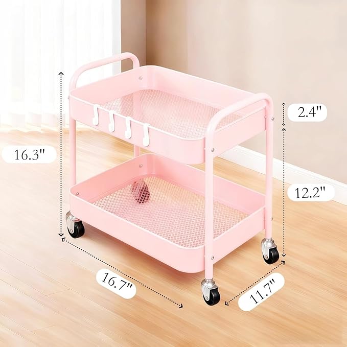 Pink 2 Tier Rolling Cart Metal with Wheels Under Desk Storage Cart for Small Space Organization, Small Trolley for Pantry Room Laundry Bathroom Kitchen Office Art Snack Baby Supplies