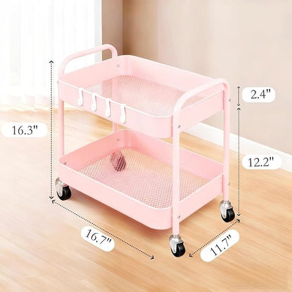 Pink 2 Tier Rolling Cart Metal with Wheels Under Desk Storage Cart for Small Space Organization, Small Trolley for Pantry Room Laundry Bathroom Kitchen Office Art Snack Baby Supplies