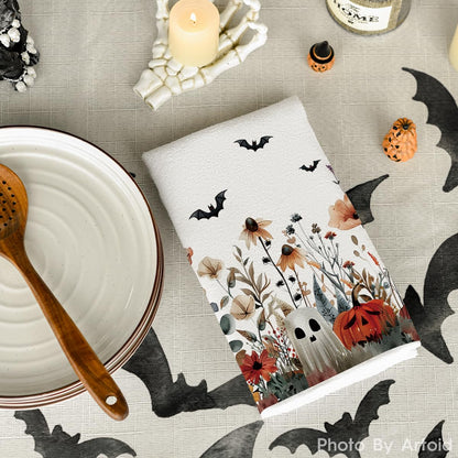 Artoid Mode Ghost Pumpkins Bats Floral Spooky Halloween Kitchen Towels Dish Towels, 18x26 Inch Jack-O'-Lantern Decoration Hand Towels Set of 2