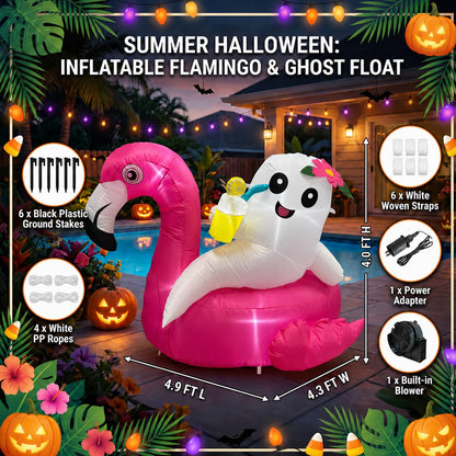 4FT Summerween Decorations Inflatable Ghost on Flamingo Float, Halloween Outdoor Inflatable Decor with Tropical Drink and LED Lights for Yard Lawn Garden Home, Summerween Party Decorations
