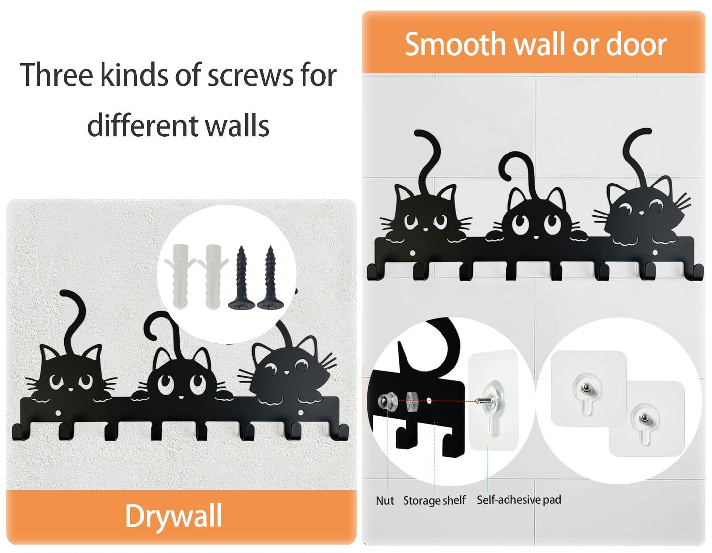YXE Key Holder Wall Mount, Metal 8 Hooks, Keys Organizer Rack for Doorway ，Decoration and Functional Items for Home ，Housewarming Gifts (Cats Theme)
