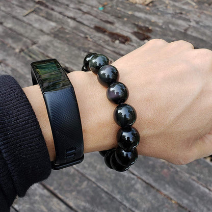 chengmu 14mm Rainbow Eye Obsidian Stretch Bracelet Natural Round Stone Beads Semi Gemstone for Crystal Beaded Elastic Bracelet 8"