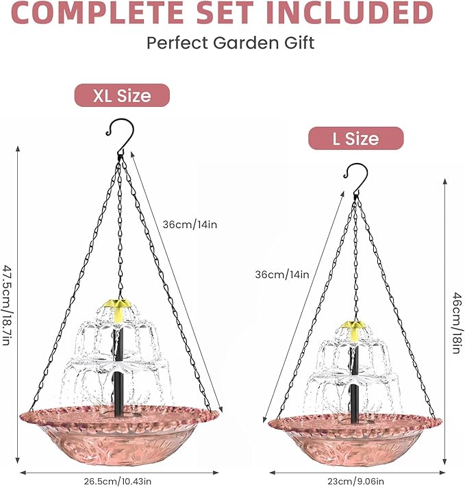 Solar Fountain for Bird Bath, Hanging Cascade Water Feature for Outdoor Garden & Yard Decor, Creates a Relaxing Flow that Attracts Birds (Pink)