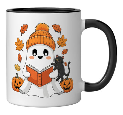 Kawaii Ghost Reading With Black Cat Halloween Ceramic Mug, Black/White