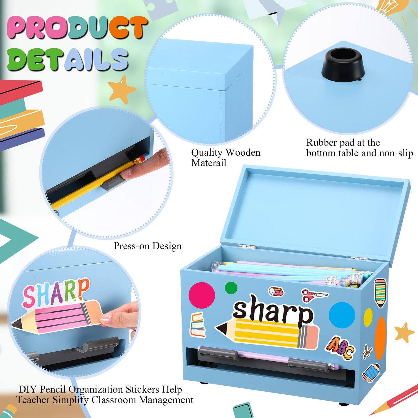 Watersay 108 Pcs Pencil Dispenser Kit for Classroom Wooden Sharp and Dull Pencil Holder 50 Pencils 50 Sharpener 6 Sticker Classroom Teacher Must Have Straw Dispenser for Back to School(Light Blue)