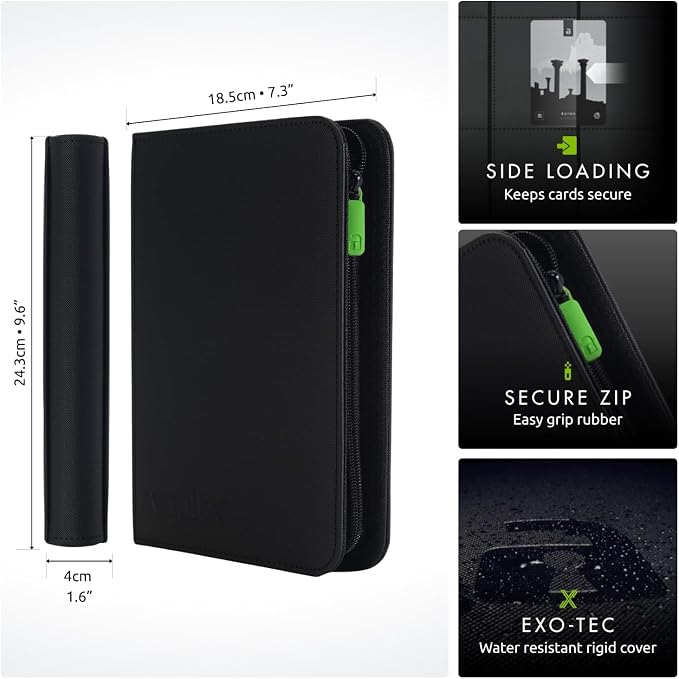 Vault X 4 Pocket Zip Binder, 160 Cards, Exo-Tec Material, 20 Side-Loading Pages (Black)