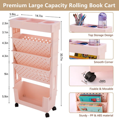 CINPIUK Pink Rolling Office Paper Organizer, Mobile Book Cart Document Folder File Storage with Pen Holder, Slim Rolling Storage Cart Movable Bookshelf for Office, Dorm, Classroom, Nursery