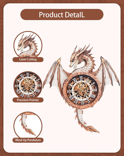Rnfinewow 3D Puzzles for Adults, 3D Puzzle Dragon Clock Kit (with Pendulum), Wooden Puzzles for Adults Home Wall Decor Dragon Clock Christmas Day Puzzle Gifts for Men Women