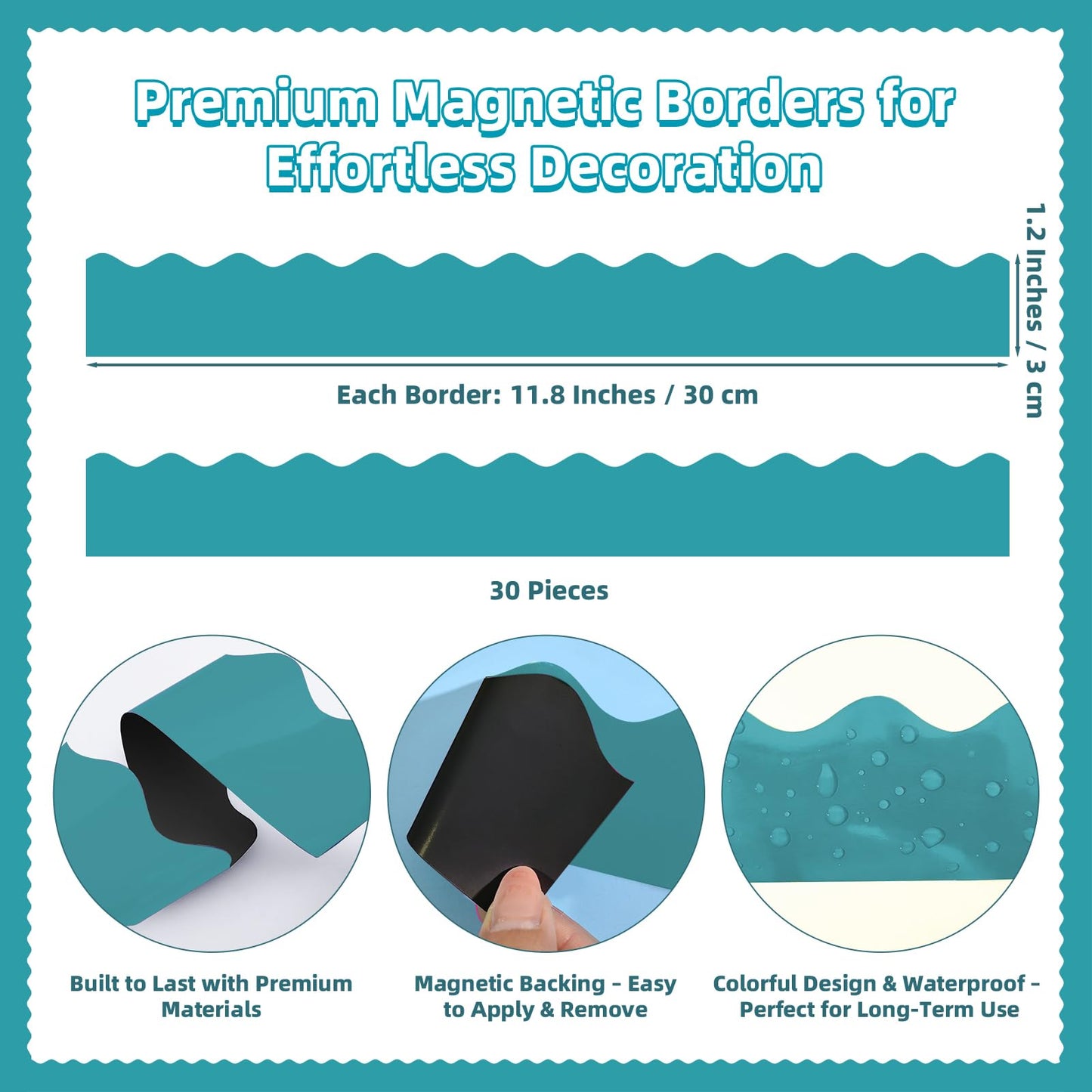 30 Pcs Magnetic Borders for Classroom Whiteboard - Lake Blue Magnetic Bulletin Board Border Set - Scalloped Chalkboard Border Strips for Teachers, Parents, DIY Home,School & Office Decoration