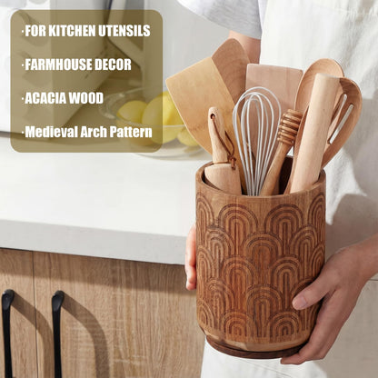 Acellegic Acacia Wood Utensil Holder for Kitchen Counter, 360° Rotating 6.3" Wooden Spoon Spatula Organizer Rustic Cooking Utensil Crock Arch Design for Kitchen Countertop Farmhouse Decoration