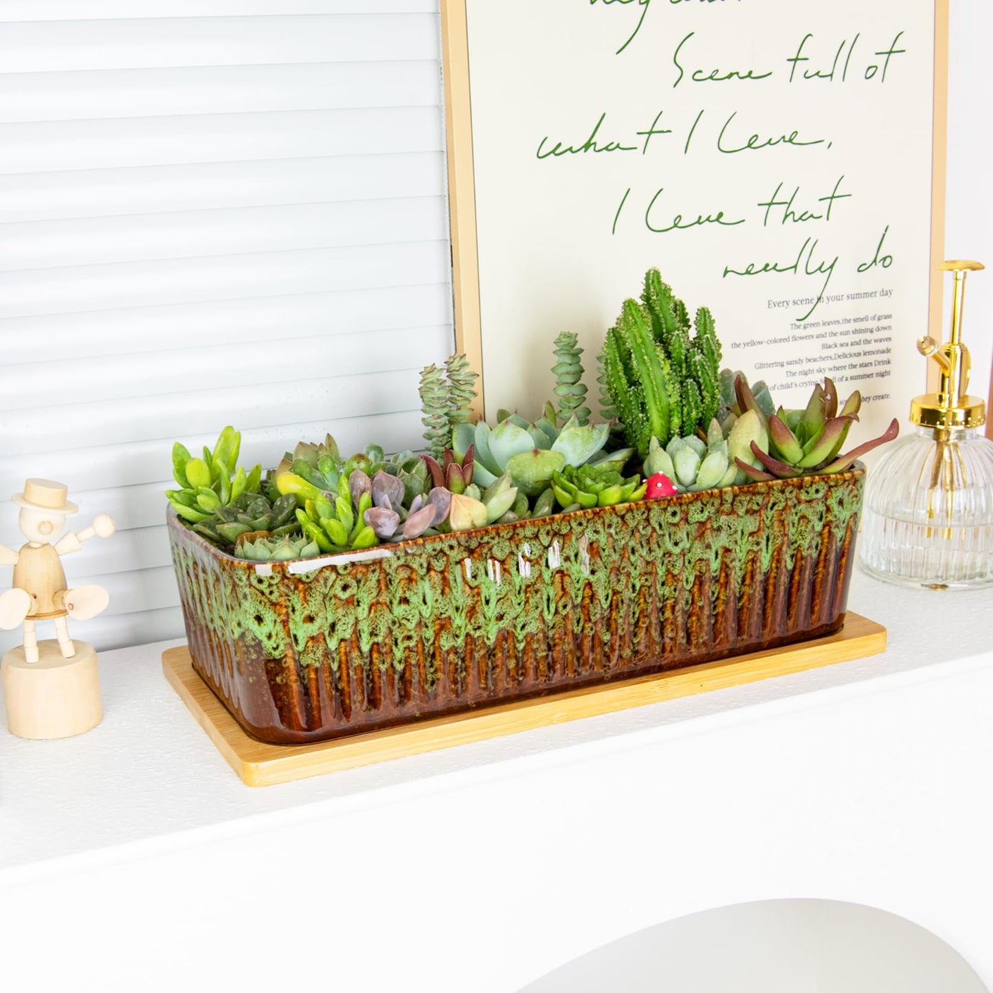 Succulent Pots - 12'' Large Succulent Planters with Drainage Tray Set of 2, Window Sill Planter, Long Rectangle Ceramic Pots for Indoor Cactus Plants Shallow Bonsai Window Box for Home Garden Decor