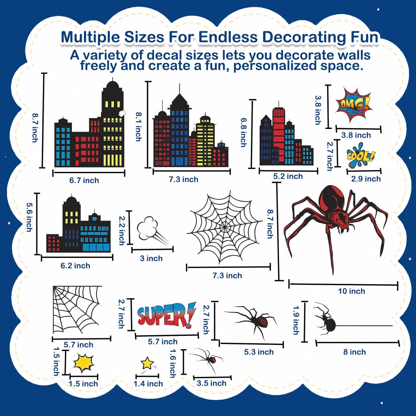 Superhero Wall Decor, Hero City Building Stars Stickers for Kids Boys, 70 Piece UV PVC DIY Removable Reusable Cartoon Stickers for Toddler Nursery, Bedroom, Playroom
