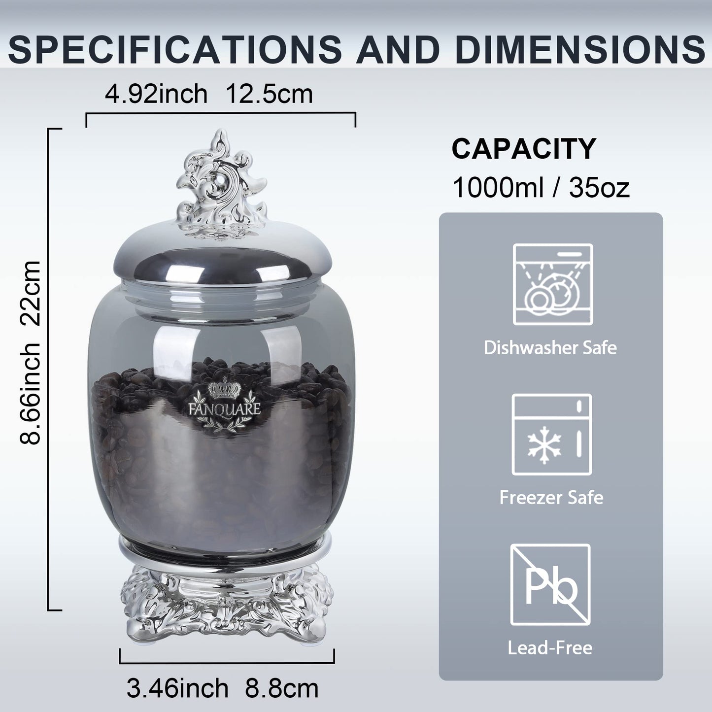 fanquare 35oz Mordern Candy Jar for Buffet, Large Ceramic Cookie Jar with Airtight lid, Silver Coffee Canister for Kitchen Counter, Kitchen Canister